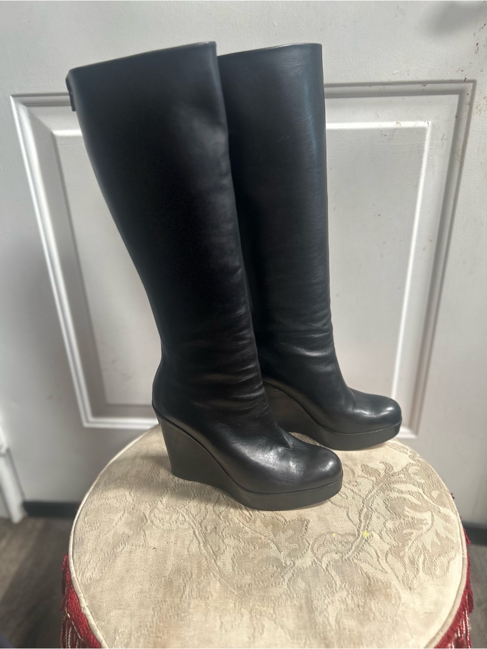 Christian Loubotin Black Tall Smooth chunky wedge platform Leather boots Sz 38 - Picture 2 of 15